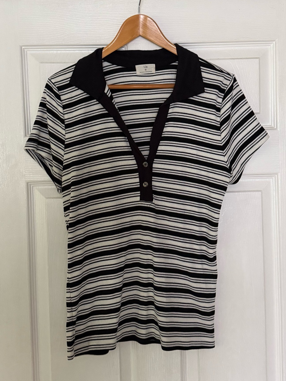Anthropologie Black & White Striped Polo Knit Top